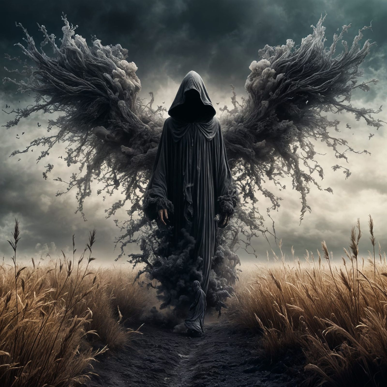 Eerie Hooded Angel in Rotting Field