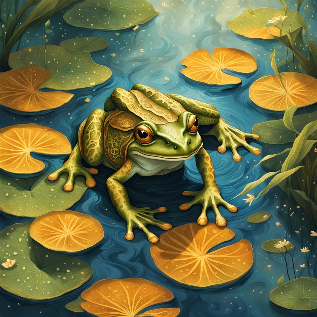 Golden Frog in Mystical Forest Pond