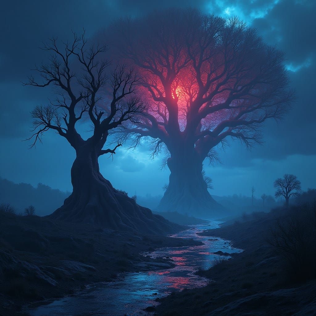 Mystical, Ominous Landscape in Cyberpunk Style