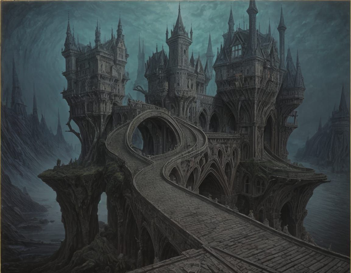 Dreamlike Castle Landscape in Dark, Twisted Architectural St...