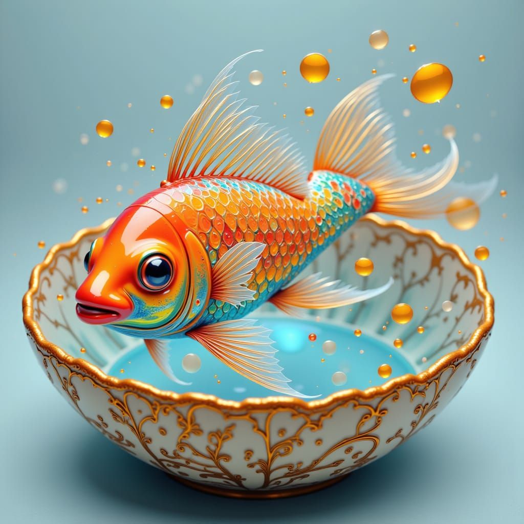 Iridescent Fish in Ornate Bowl, Dreamlike Quality