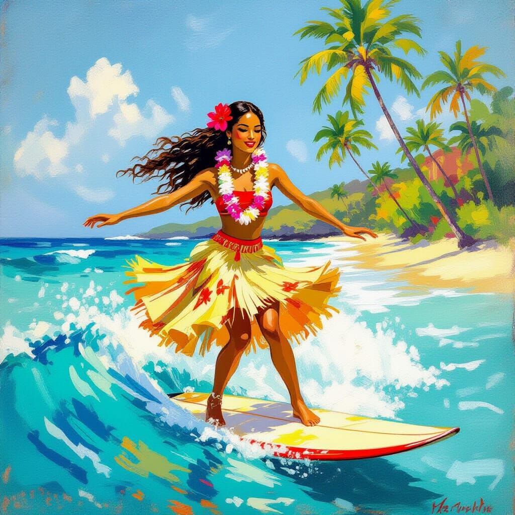 Hula Girl Surfing Tropical Wave in Vibrant Colors