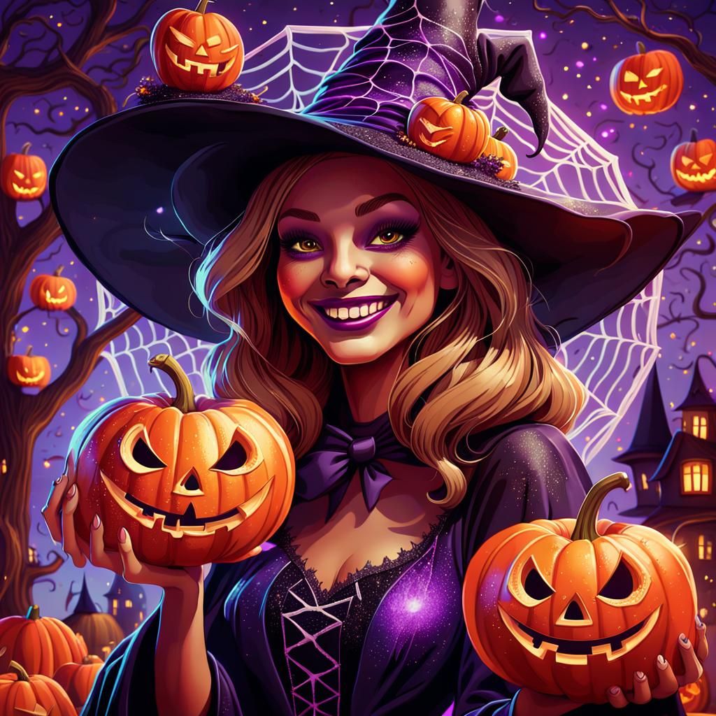 Whimsical Witch at Halloween Party in Ronald Searle Style