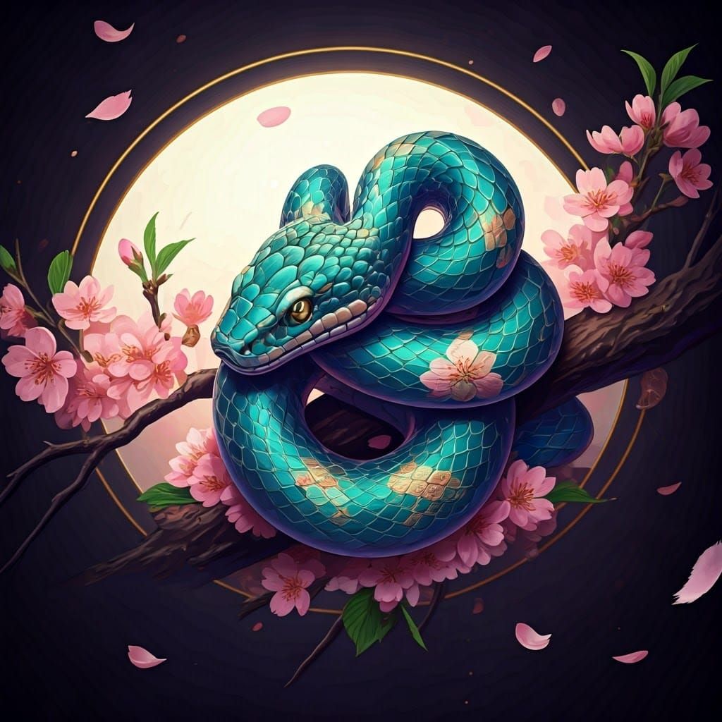 Ornate Snake with Sakura, Hokusai-Inspired Woodblock Print