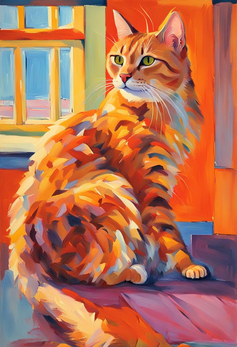 Smiling Orange Cat with Mouse: Fauvist Painting