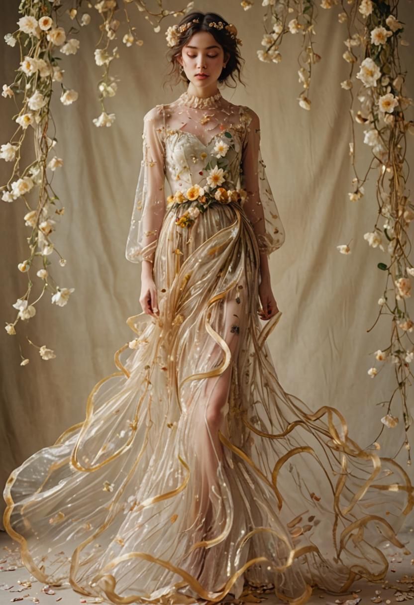 Ethereal Woman in Flowers and Gold: Pre-Raphaelite Dream