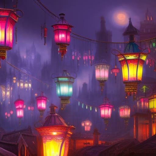Magical Lanterns Illuminate Witch City in Fantasy Art