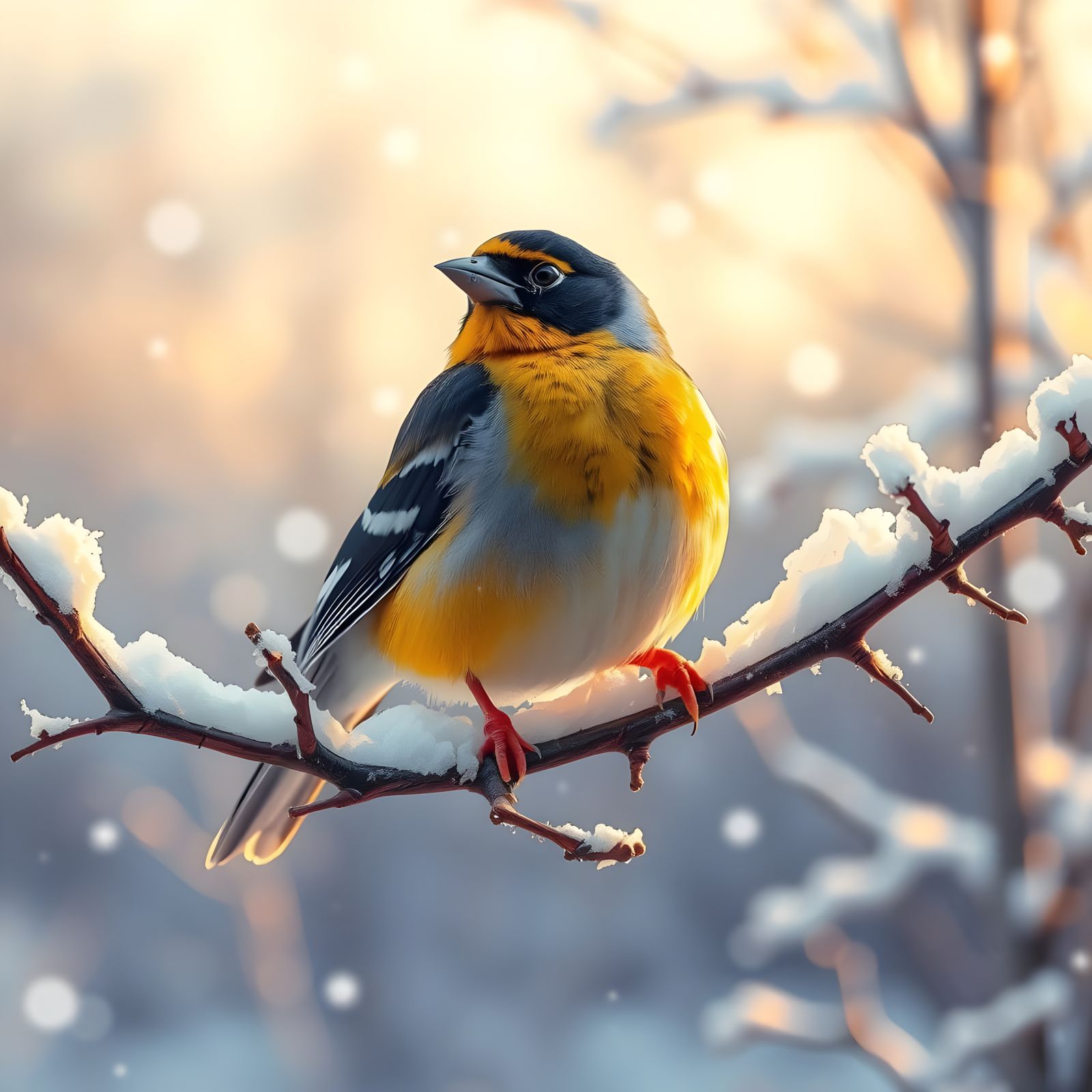 Ultra Realistic Evening Grosbeak in Winter Wonderland