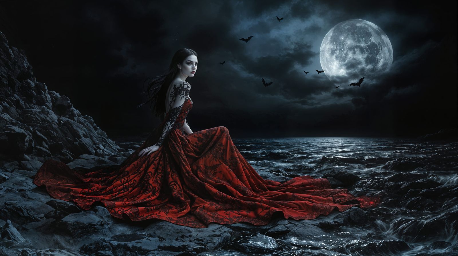 Elegant Gothic Figure Under Full Moonlight