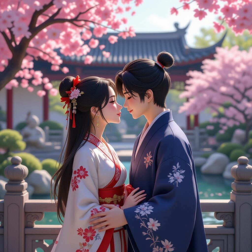 Anime Lovers Kissing in a Chinese Garden