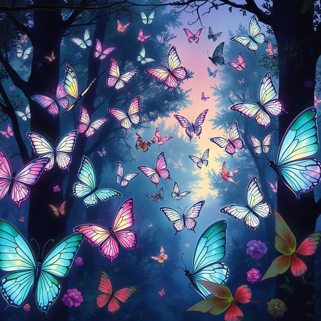 Bioluminescent Butterflies in Enchanted Forest, Watercolor S...