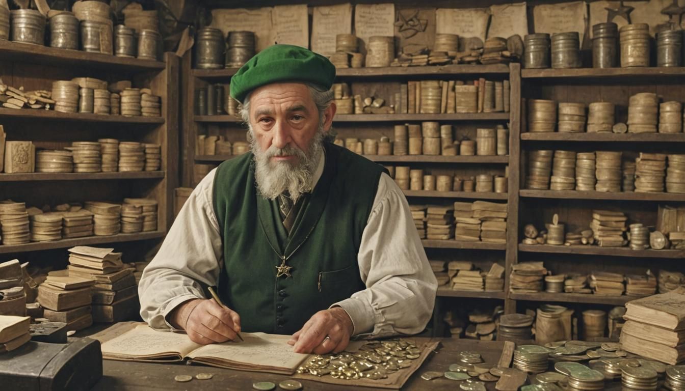 Medieval Jewish Shop Owner with Coins and Parchments