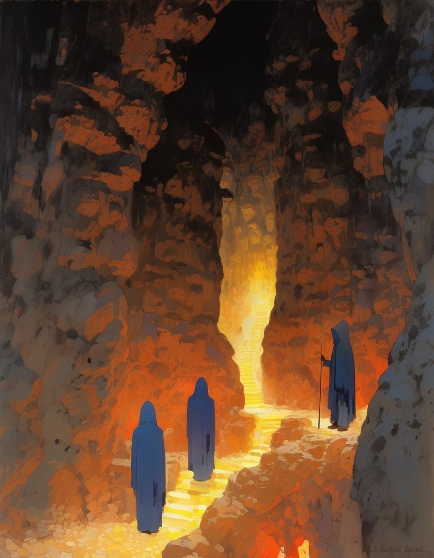 Mystical Cavern Gathering in Oil Painting Style
