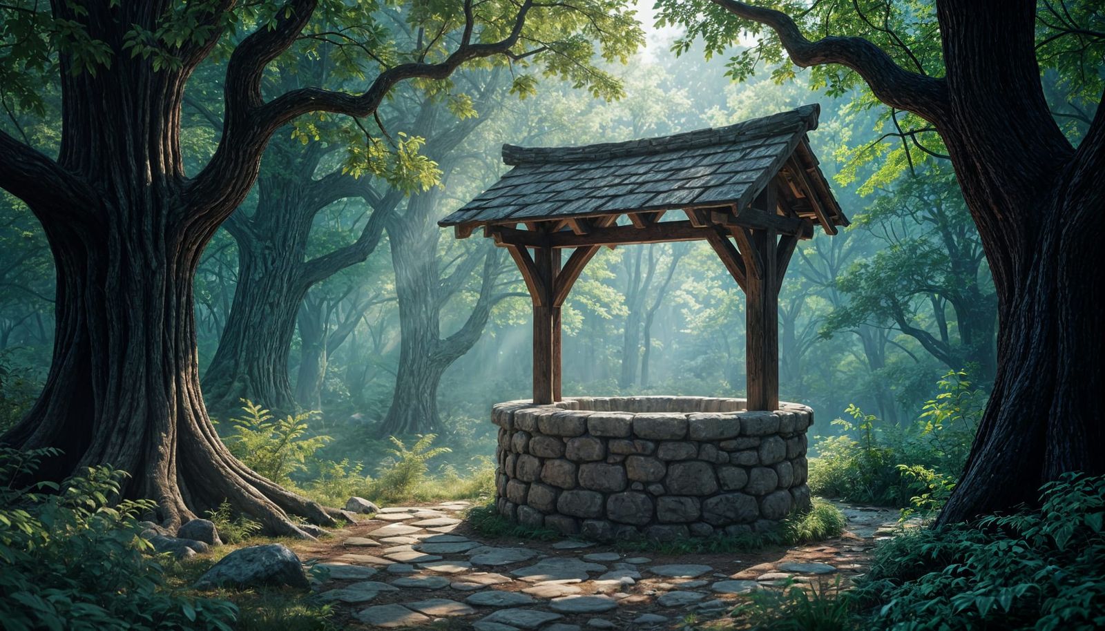 Rustic Wishing Well in Detailed Oak Forest Matte Painting