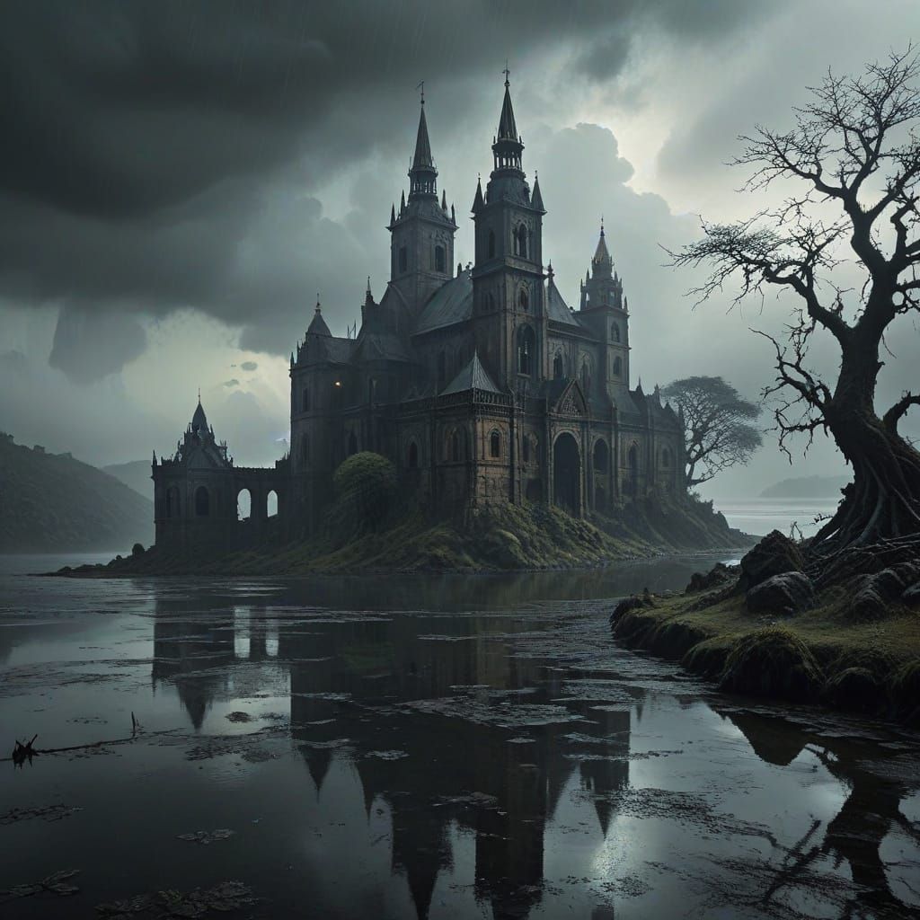 Gothic Monastery on Lonely Island in Dark Fantasy Style