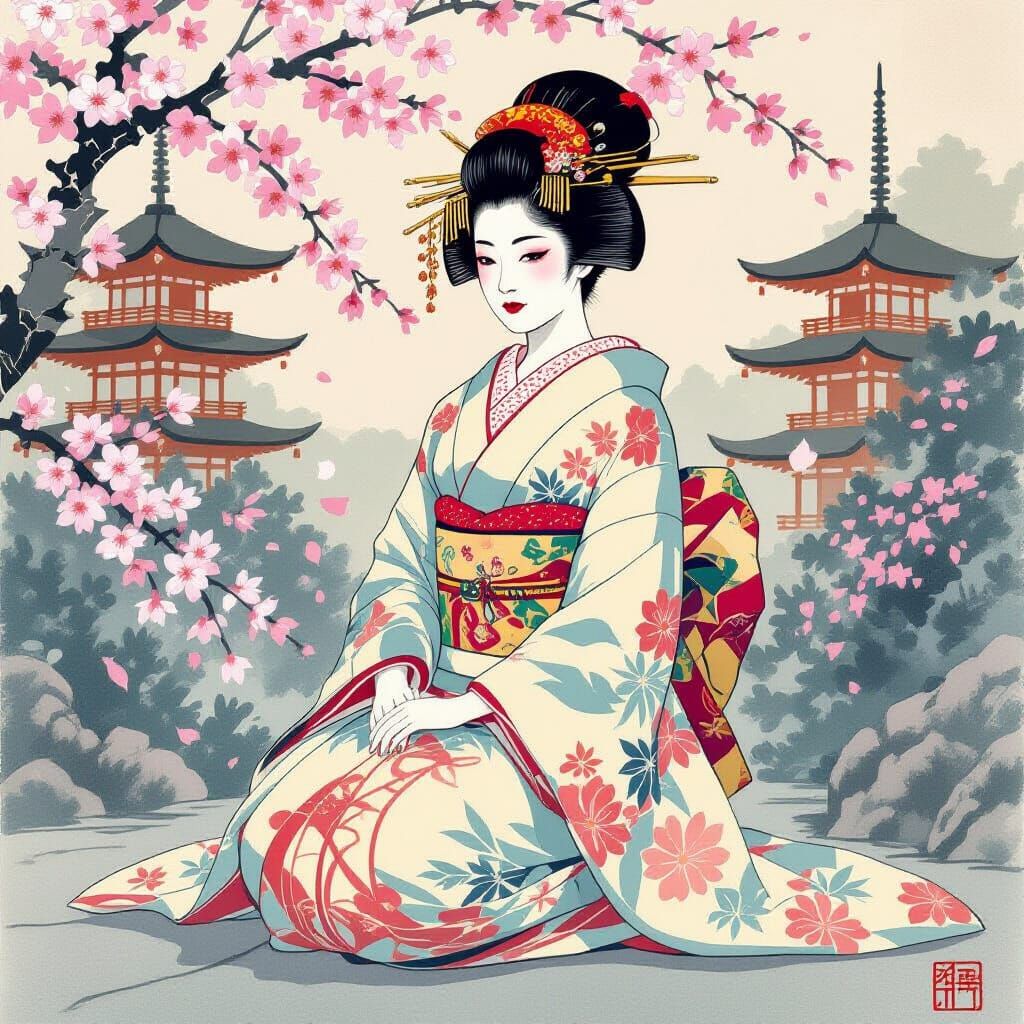 Geisha in Cherry Blossom Landscape, Japanese Art Style