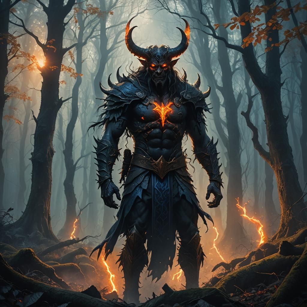 Mystical Demon Hero in Dark Fantasy Forest