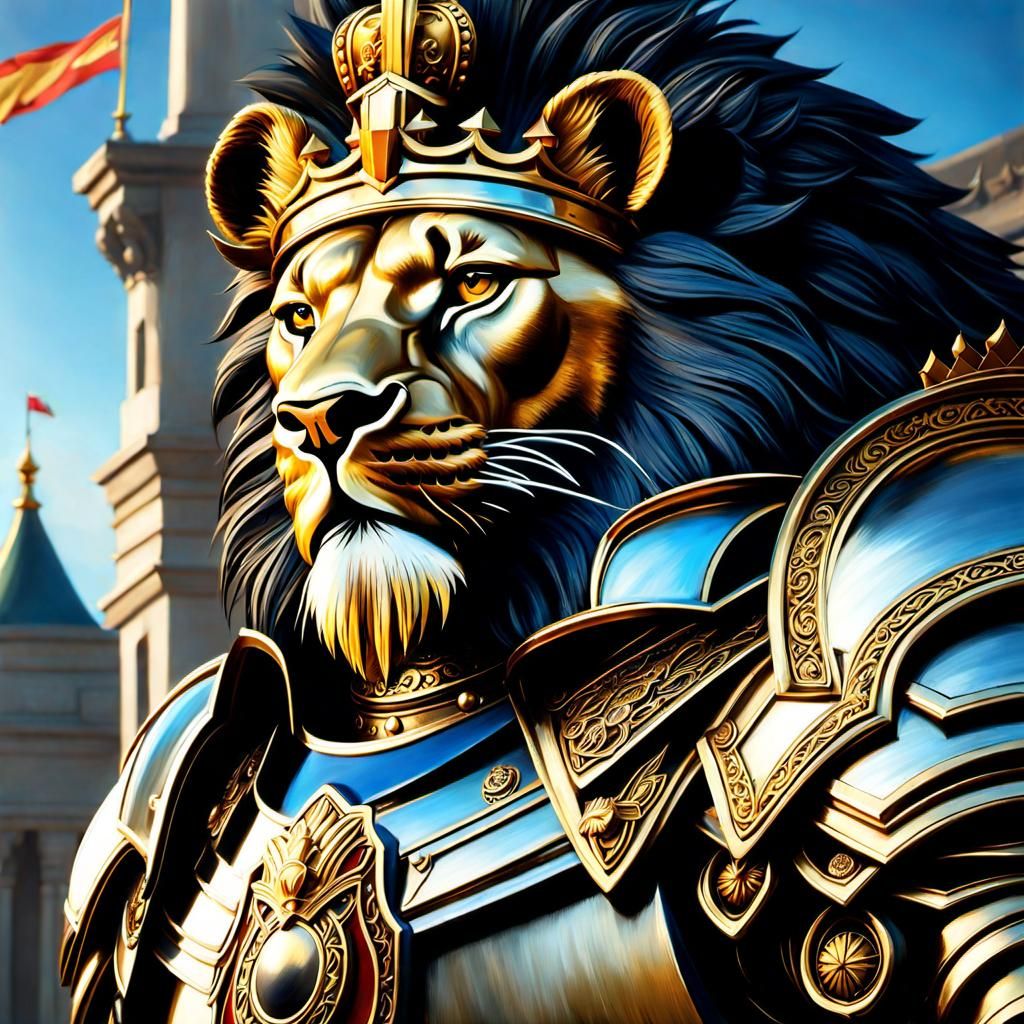 Armored Golden Lion King in Matte Oil Painting