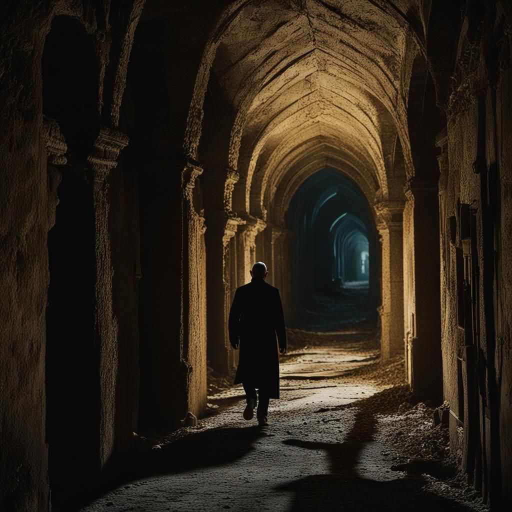 Eerie Figure in Dimly Lit Gothic Corridor