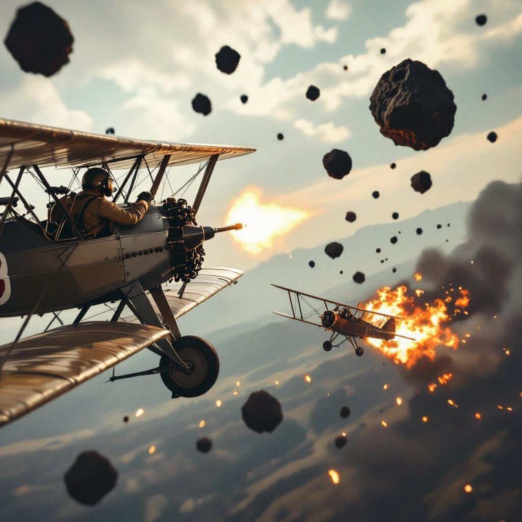 Vintage Biplane Dogfight in Space, Cinematic Film Still