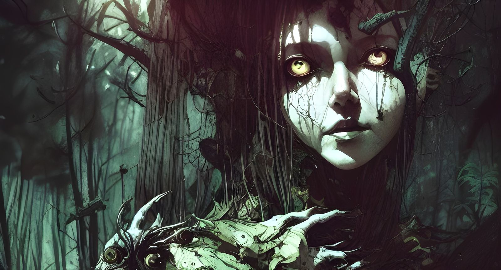 Sinister Forest Witch Portrait in Watercolor Style