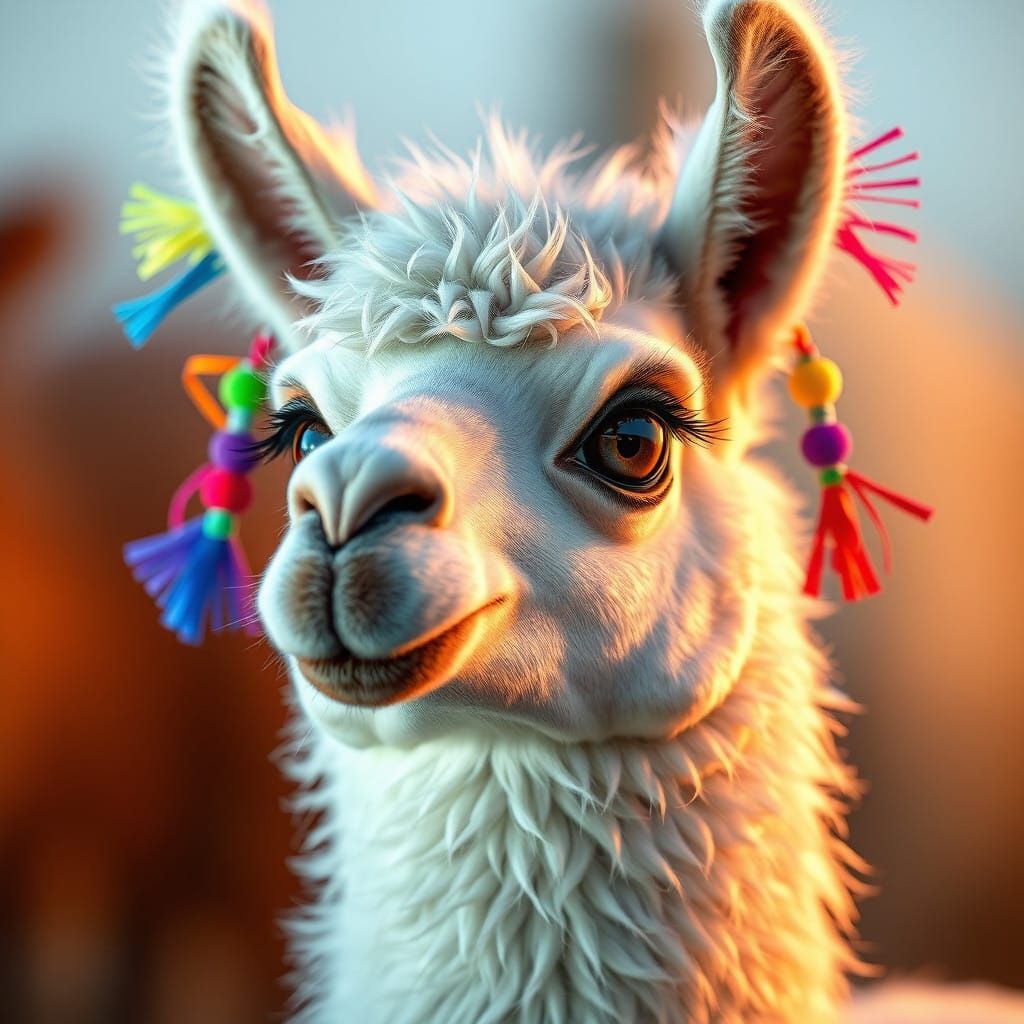 A Dreamy Portrait of an Adorable Llama with Vibrant Rattles