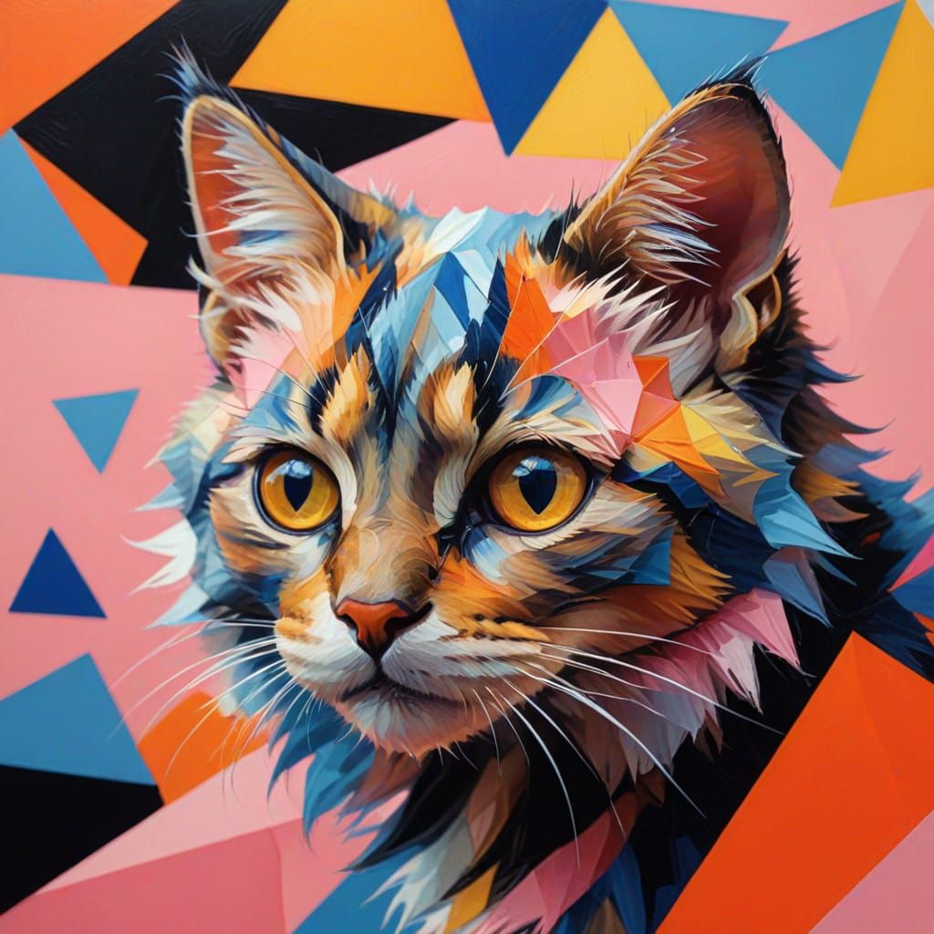 Vibrant Triangular Kitten in Kaleidoscopic Patterns