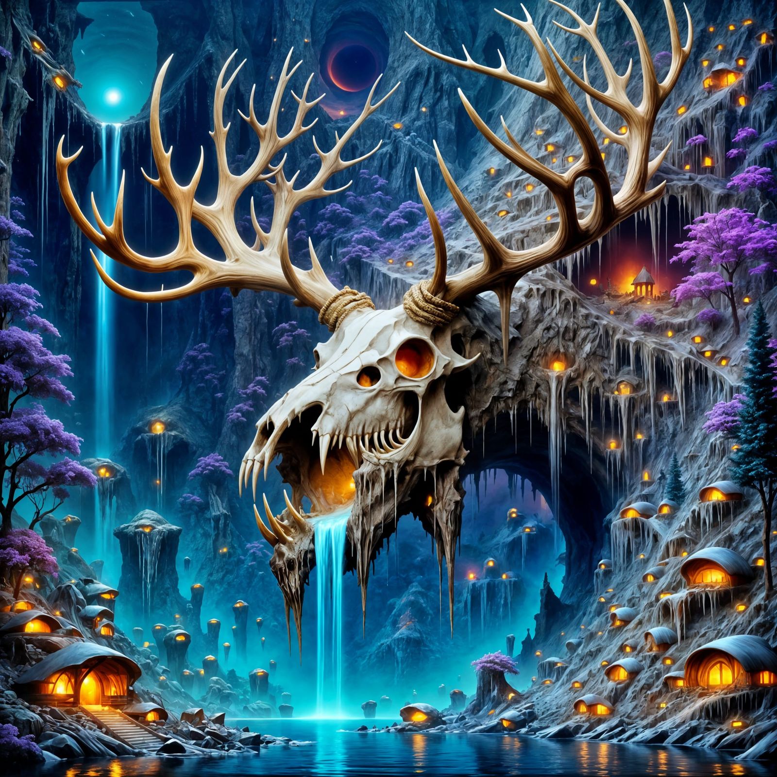 Giant Fossilized Elk Skull Village in Majestic Mountains