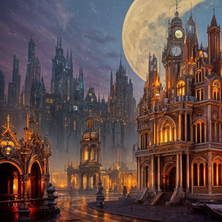 Gothic City Under Orange Moonlight