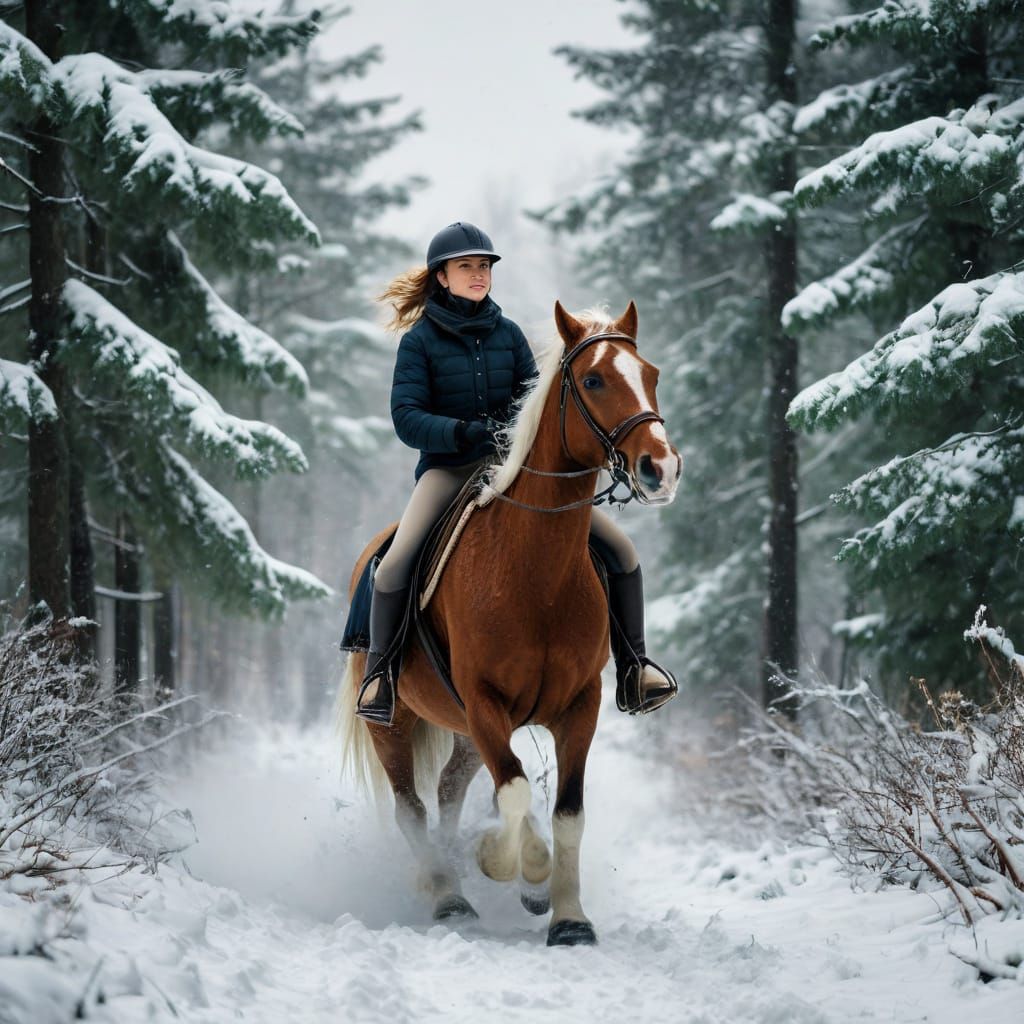 A Woman Rides Her Horse Through Snowy Woods in a Romantic Eq...