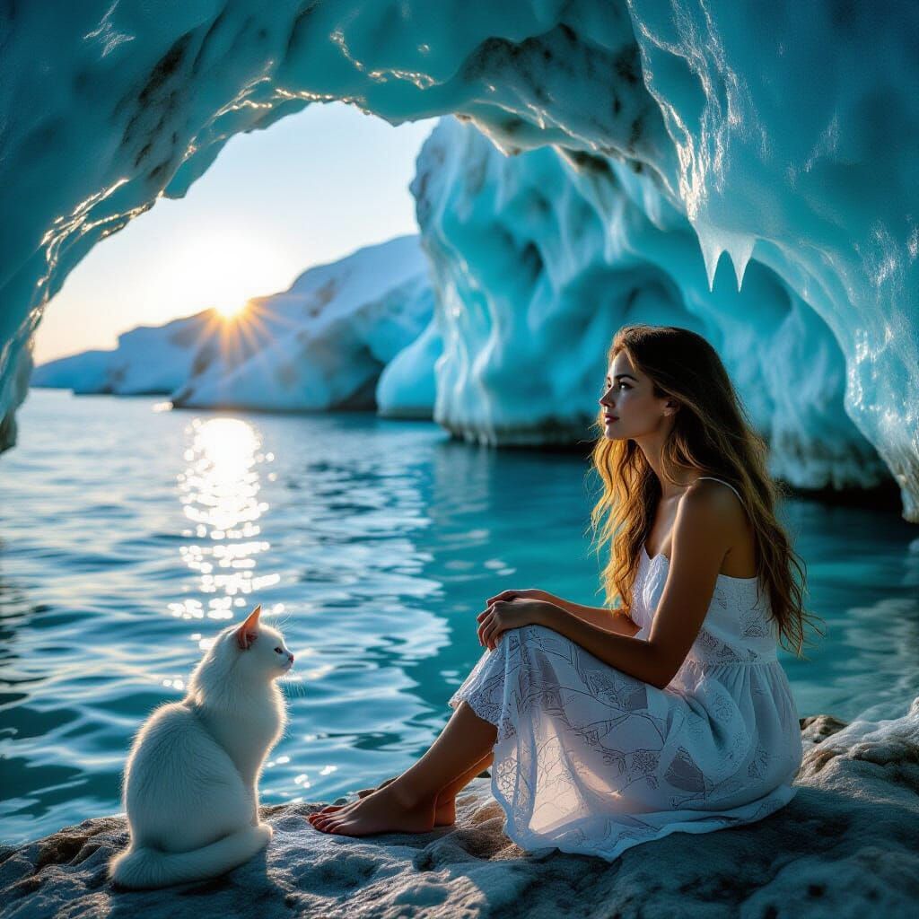Enchanting Woman Emerges from Blue Cave at Sunrise