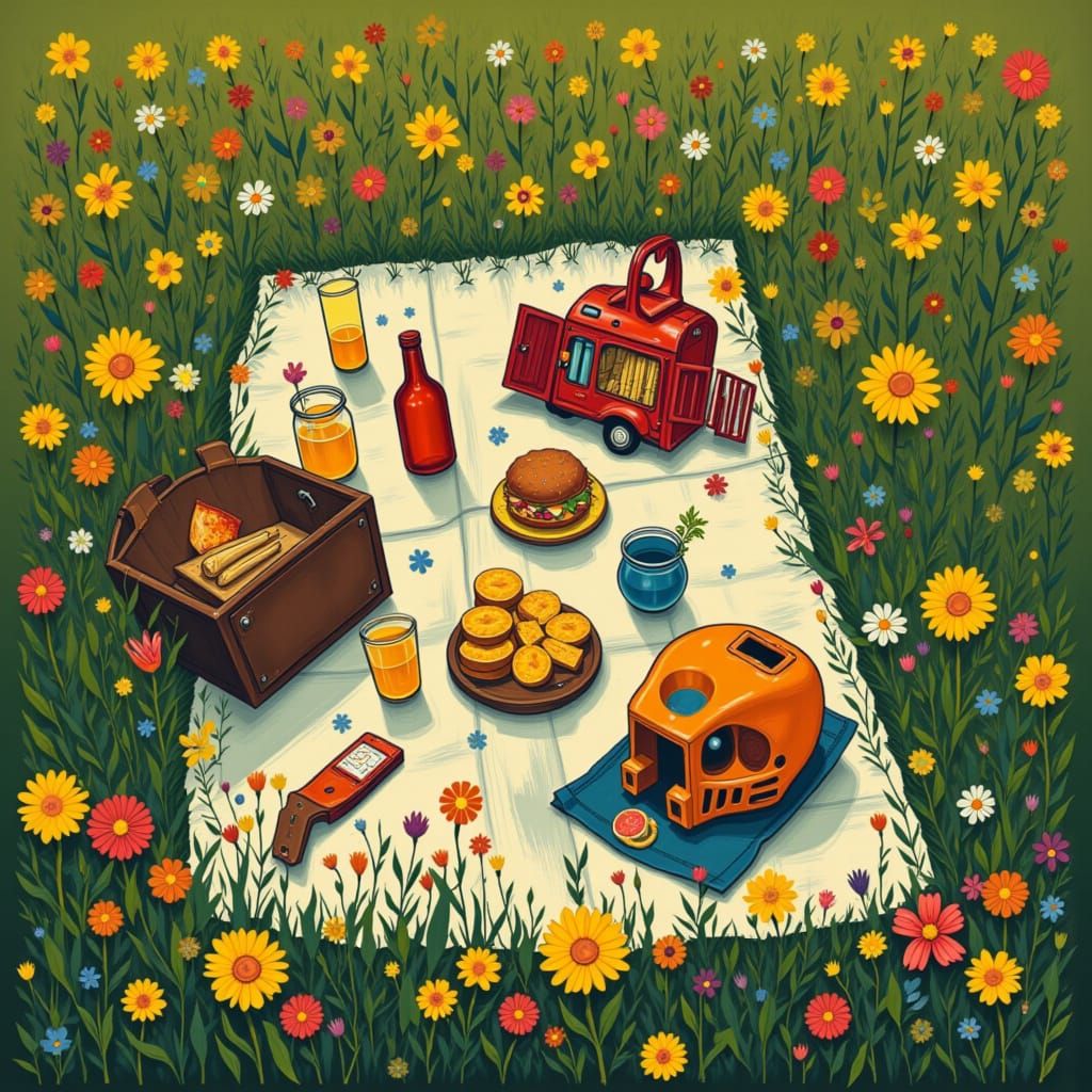 Picnic in Wildflower Field: Bird's Eye View
