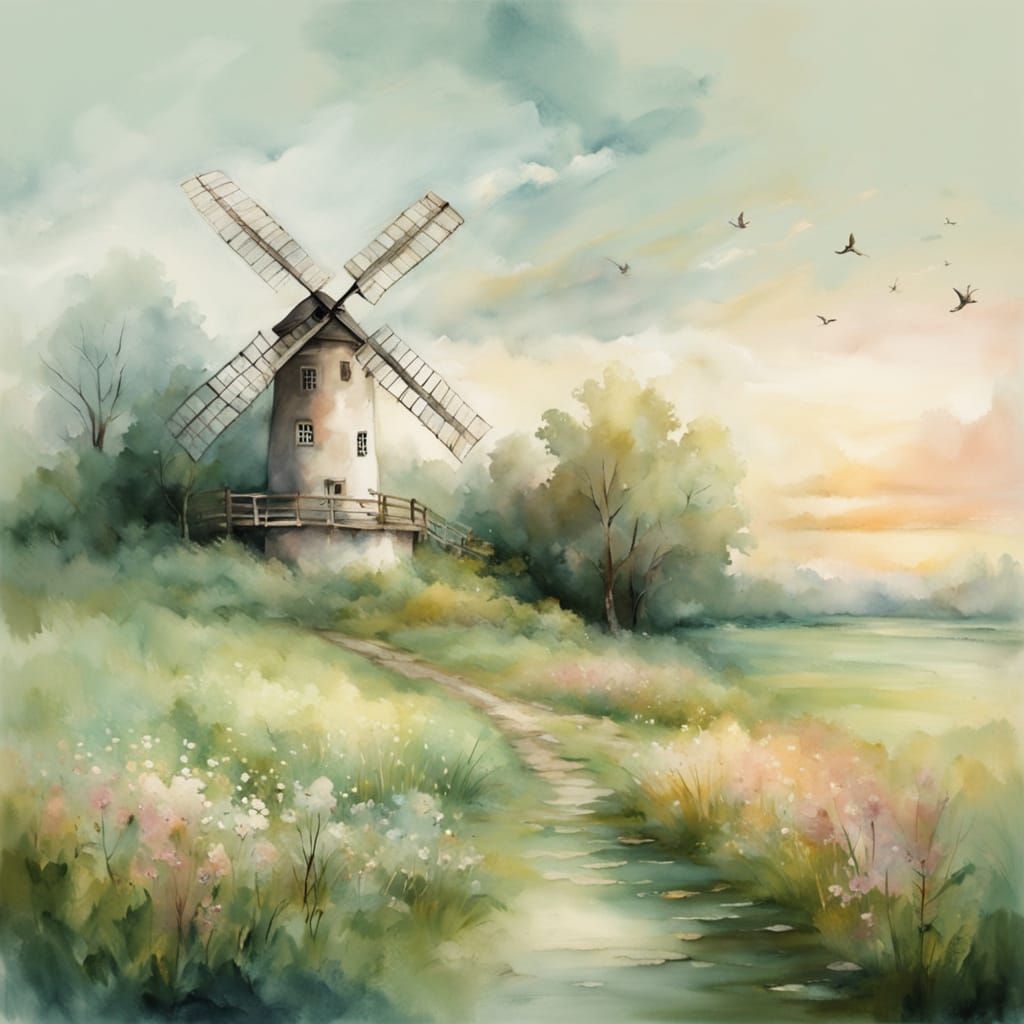 Ethereal Windmill Scene in Soft Pastel Hues