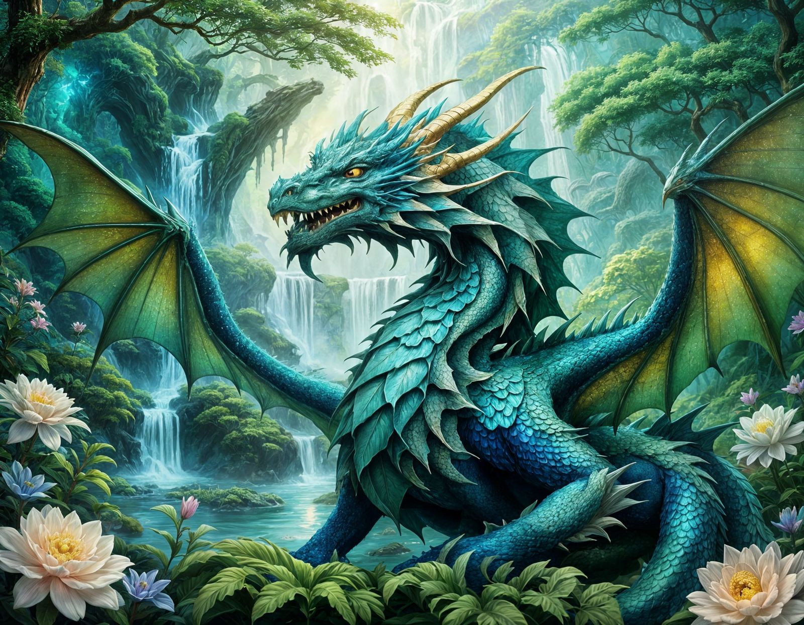 Create a stunning dragon in a mystical setting. The dragon s...