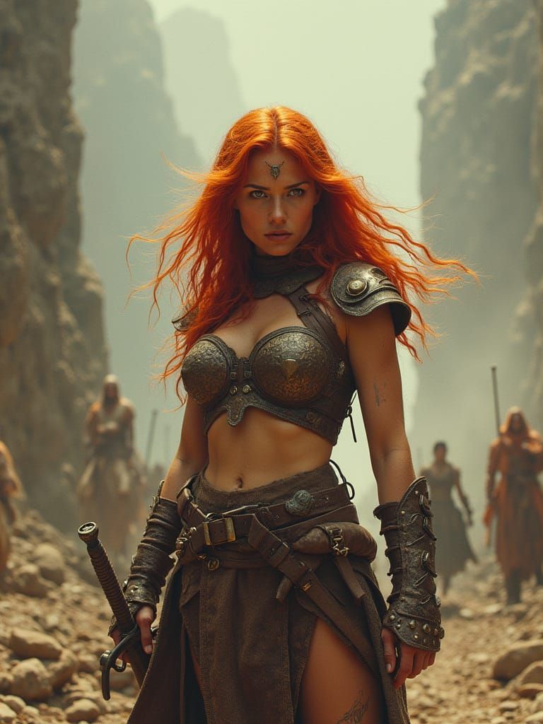 Victorious Redhead Barbarian Warrior in Fantasy Landscape