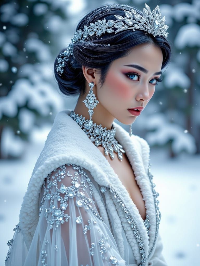 Avant-Garde Winter Model in Crystal Gown and Crown