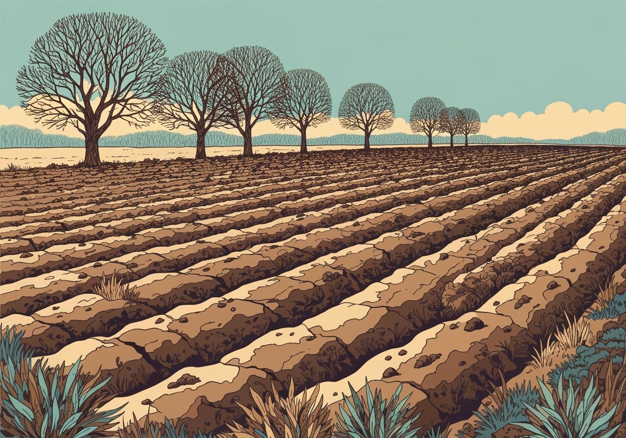 Vibrant Plowed Field with Bare Trees Illustration