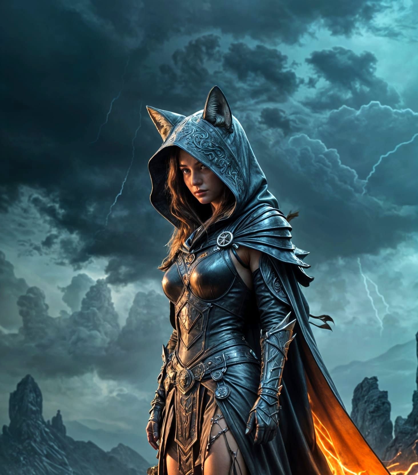 Fox Warrior in Mystical Cloak on Rocky Outcrop