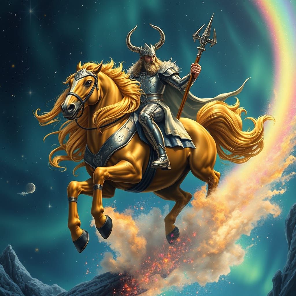 Majestic Heimdall Rides Across Bifrost Bridge, Horn in Hand