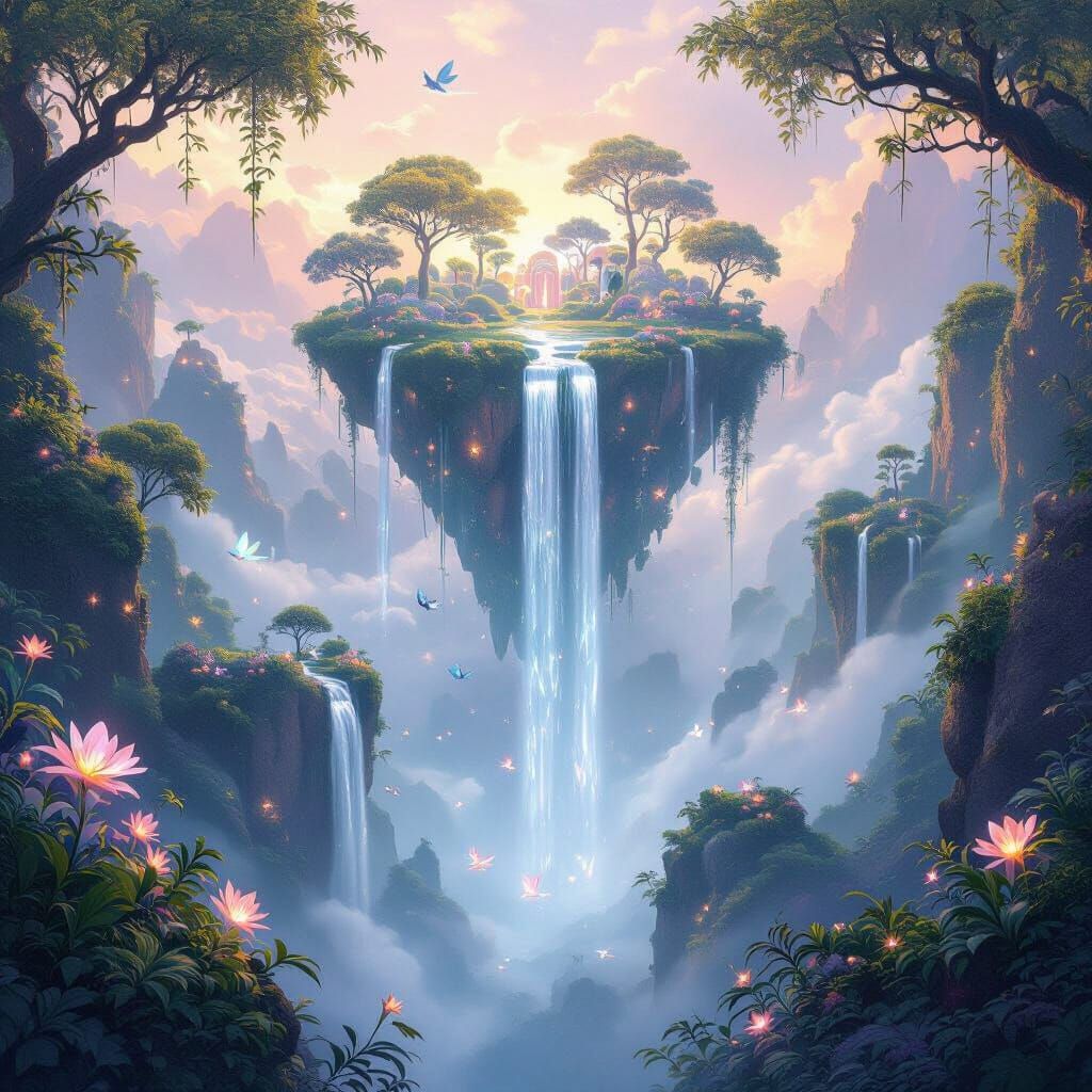 Floating Island Sanctuary with Ethereal Waterfalls