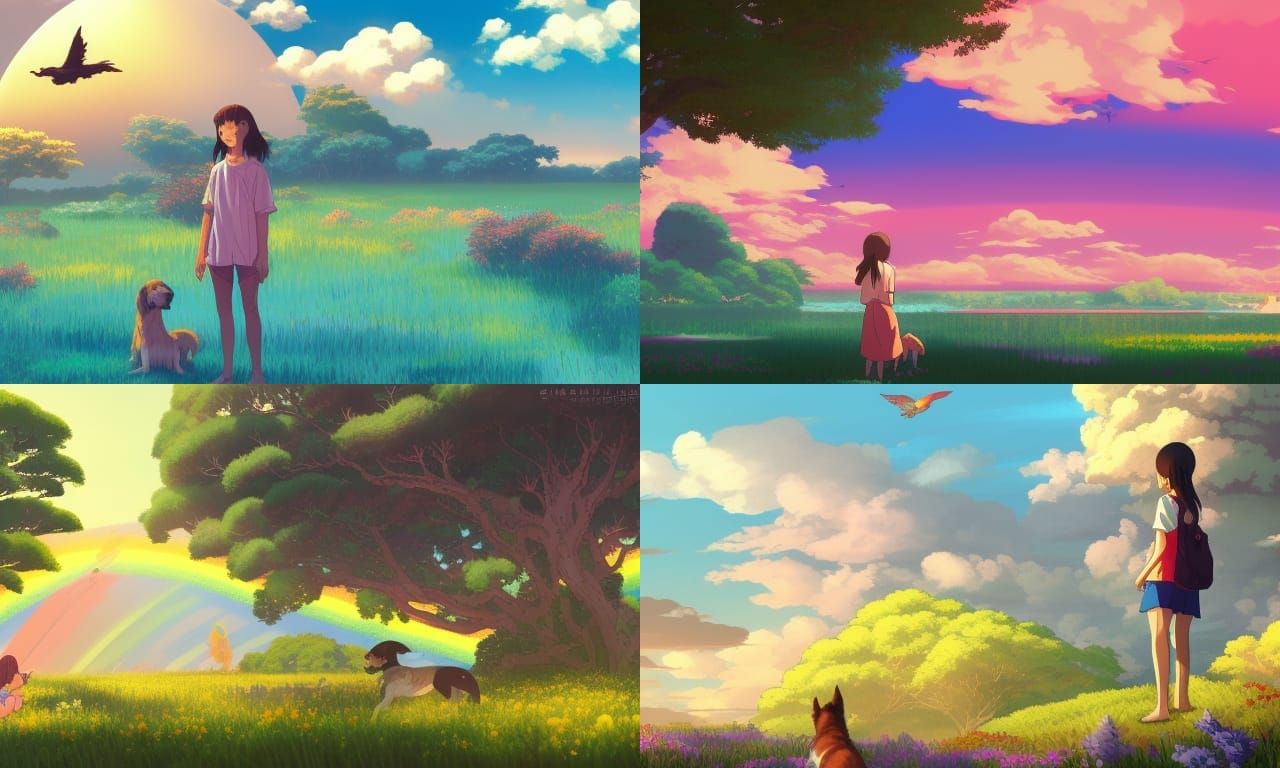 Girl with Dog in Vibrant Anime Style