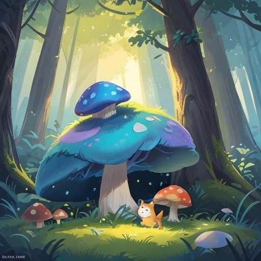 Doge on Mushroom in Fantasy Forest, Digital Art