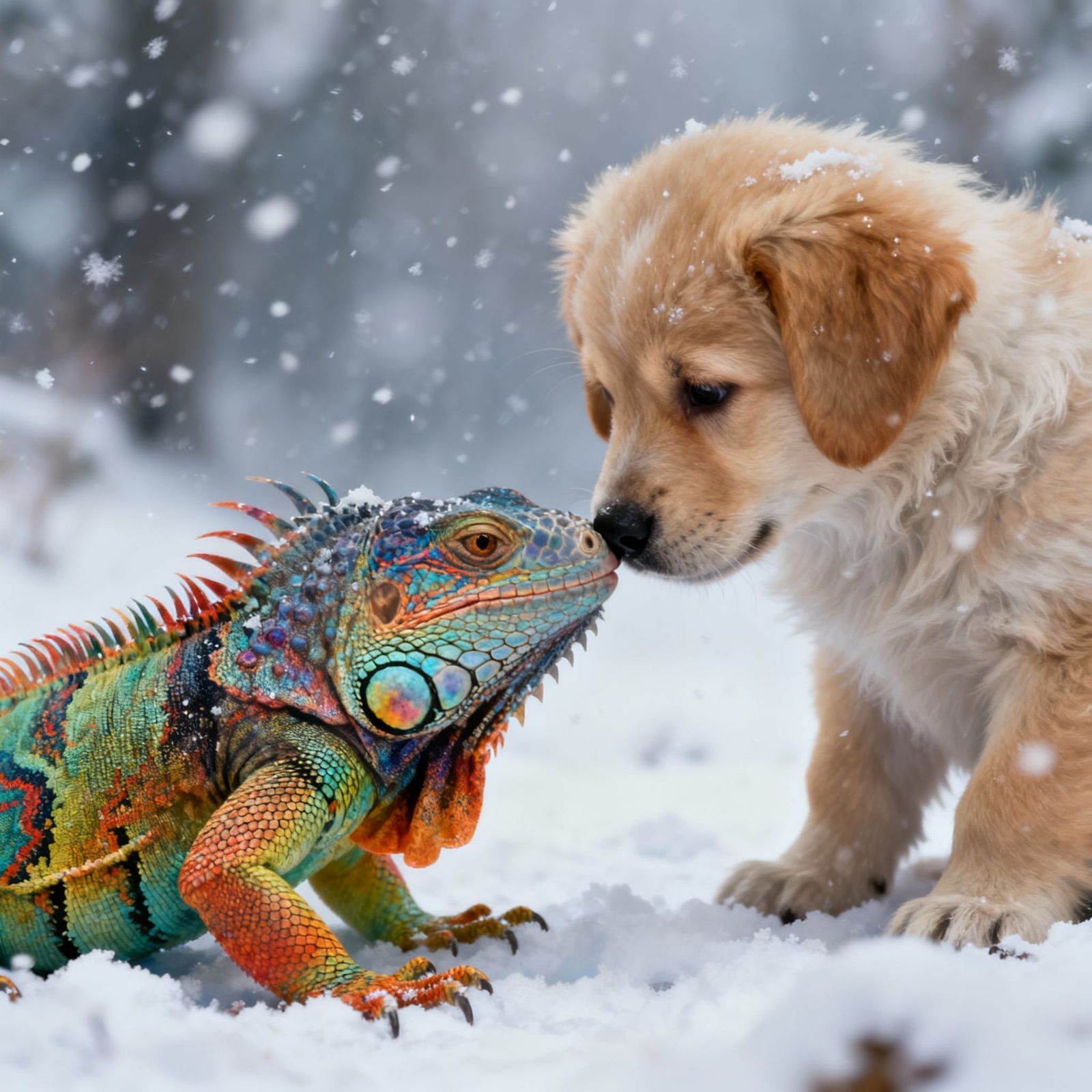 Fluffy Puppy Sniffs Iguana in Snowy Matte Painting