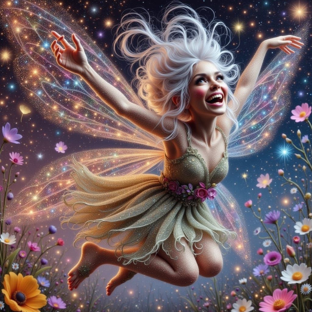 Granny Fairy Jumps with Iridescent Wings