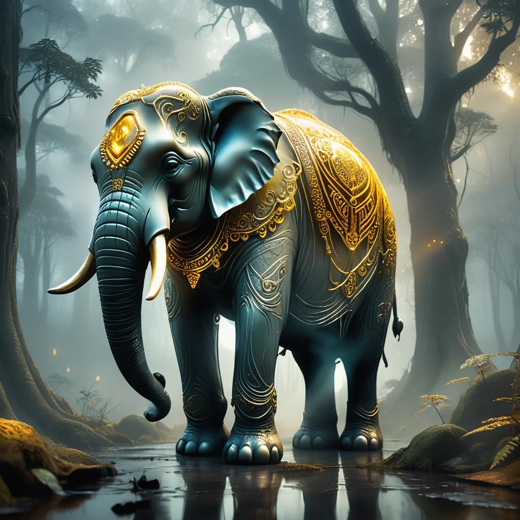 Glass Elephant in Misty Forest: Matte Painting