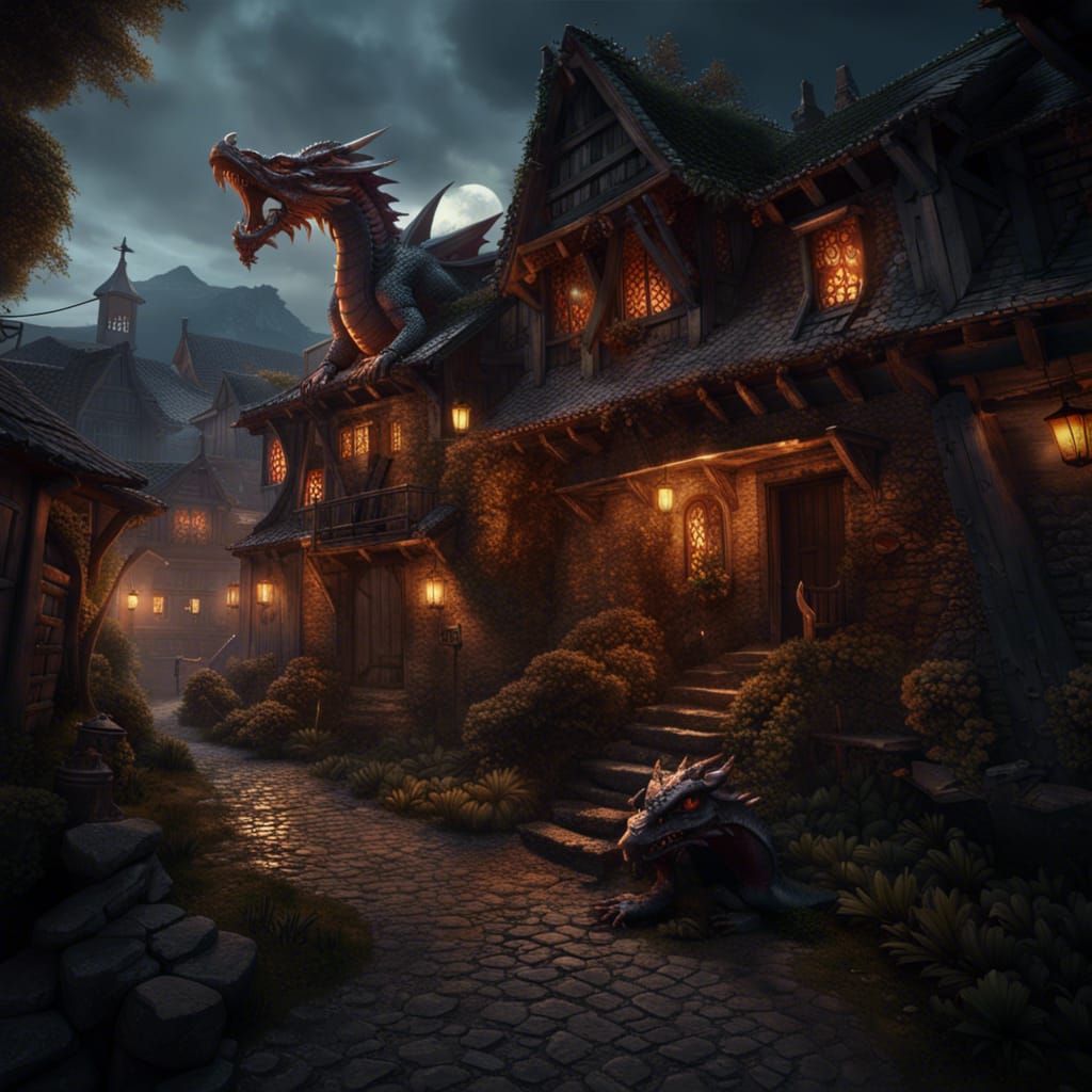 Dragons Over Old Village: Dark Fantasy Art
