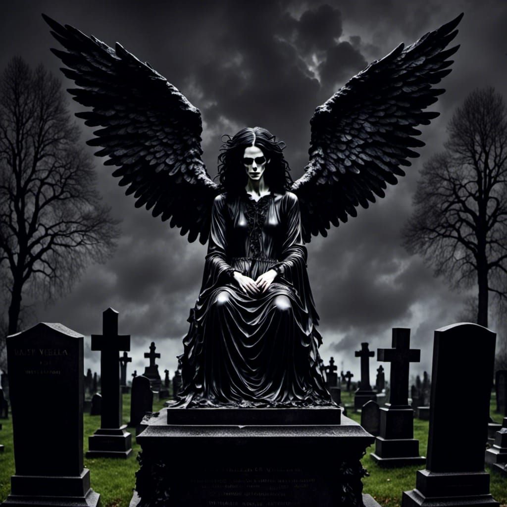 Dark Angel Statue in Cemetery at Night