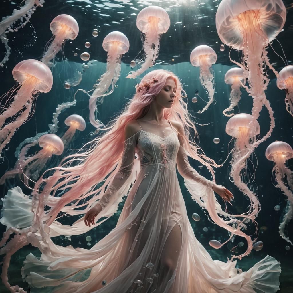 Girl Dancing Underwater with Jellyfish: Dreamy Film Still
