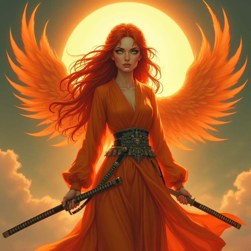 Fiery Phoenix Warrior with Katana Swords