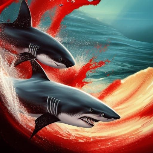 Hyperrealistic Shark Attack in Bloody Ocean Waves